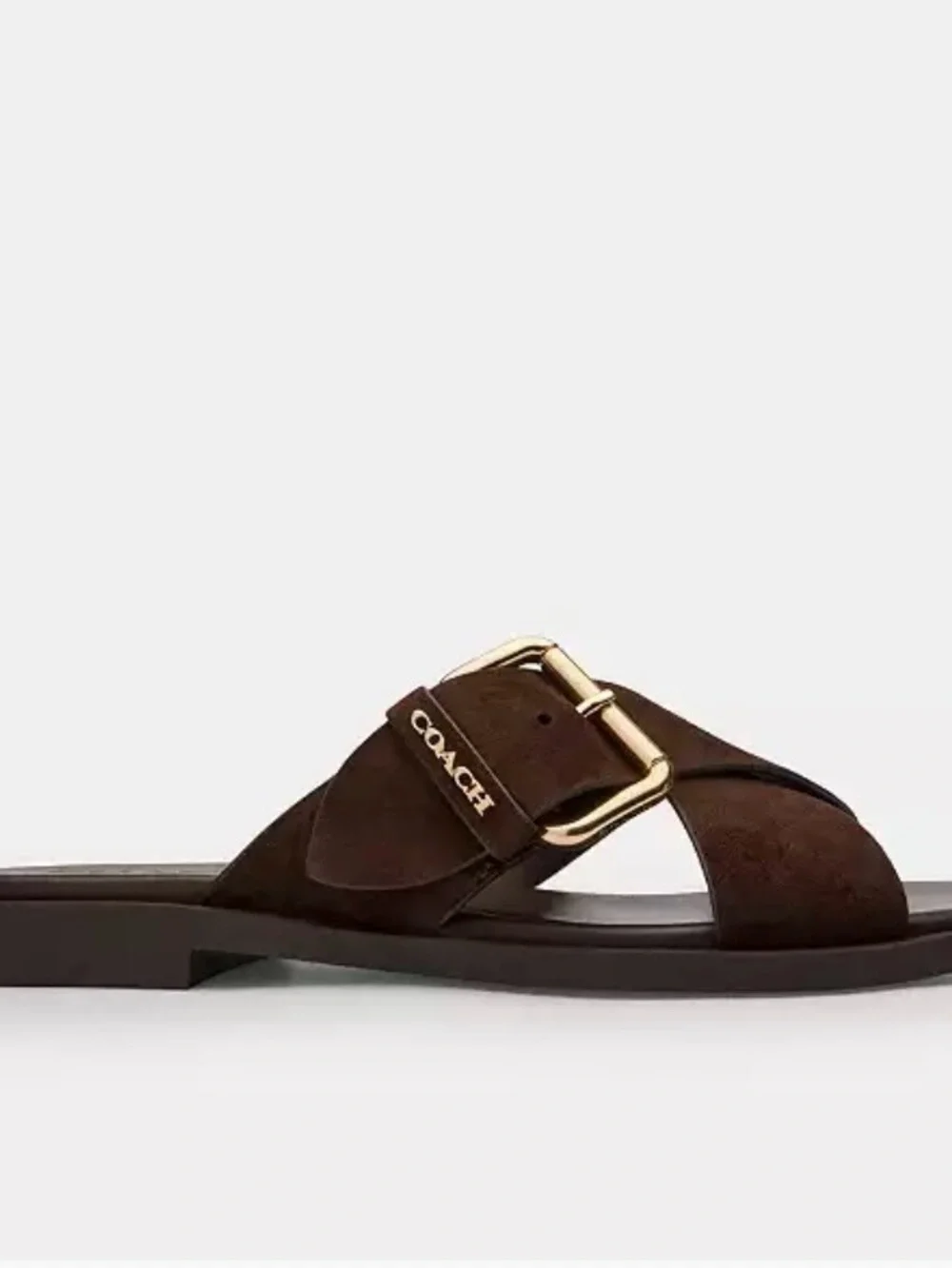 COACH Dark Brown Suede Cross-Buckle Slide Sandal